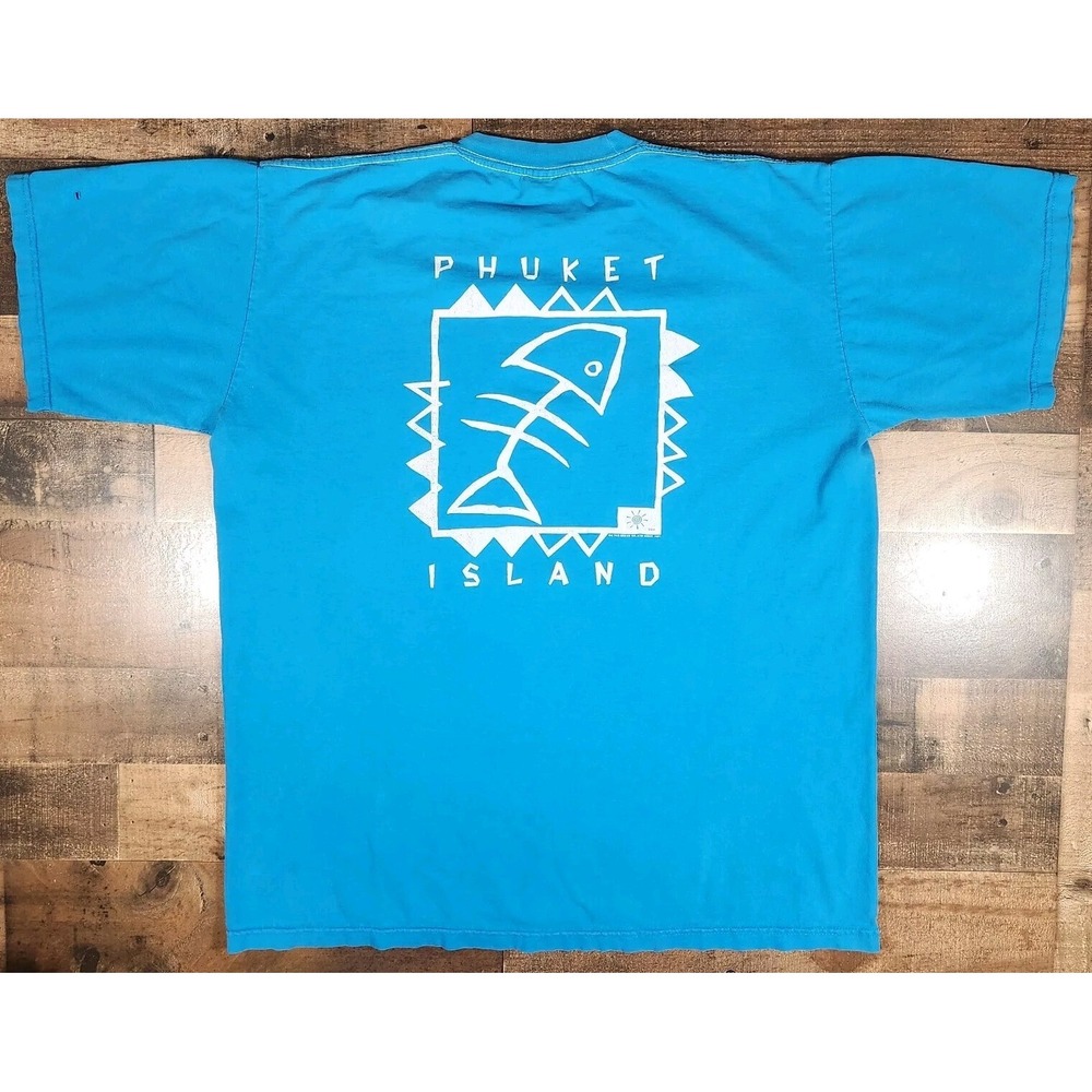 Vintage 90s Phuket Island Thailand Shirt XL Blue Fish Bones Mens 1997